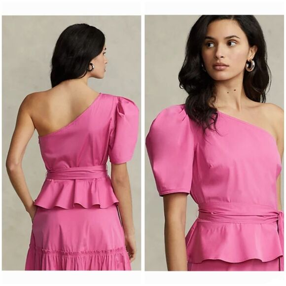 NWT|Polo Ralph Lauren Belted Cotton One-Shoulder Pink Top, 2 - Picture 3 of 12